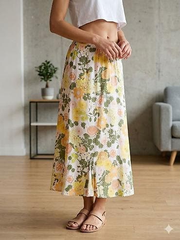 Ženska suknja midi dužine sa cvetnim printom - Kroj: ravna linija sa
