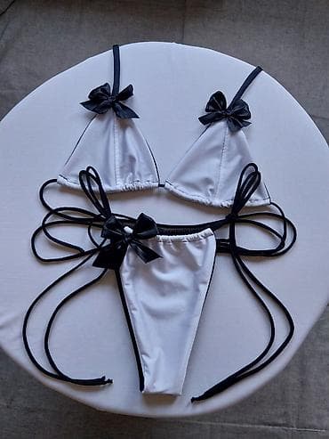 37 broj: Beli bikini set sa crnim detaljima – trodelni izgled sa mašnama - — 1