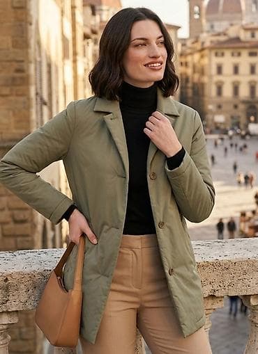 Elegantna ženska jakna u maslinasto zelenoj boji - Krojen, ravan
