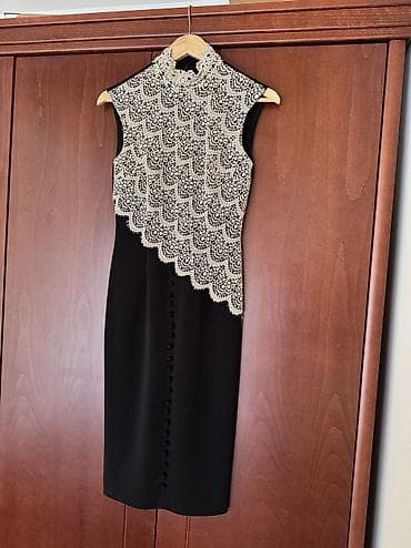 haljine mango: Elegantna crna midi haljina bez rukava sa asimetričnim čipkanim — 4