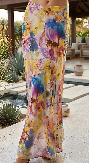 helanke sa trakom: Duga, lepršava suknja sa cvetnim akvarel printom - Kroj: ravna — 1