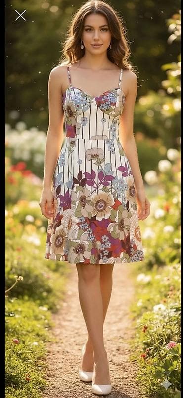 Ženska letnja haljina na bretele sa cvetnim printom - Kroj: midi