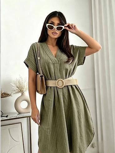 Haljine: Ženska letnja haljina na pruge, midi dužine, sa V izrezom i kratkim — 5