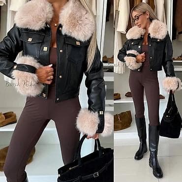 duge: Ženska kraća jakna od crne eko kože sa bogatim krznom - Model: kraća — 3