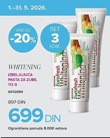 Eurofresh Whitening – izbeljujuća pasta za zube, 112 g - Set: 3 na lalafo.rs Eurofresh Whitening – izbeljujuća pasta za zube, 112 g - Set: 3