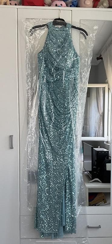 Men's Footwear: Duga svečana haljina od pailleta u nijansi svetlo tirkizne/akva plave — 1