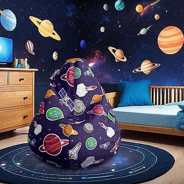 Nameštaj: Lazy Bag za decu – Plavi svemir sa šarenim planetama i raketama — 1