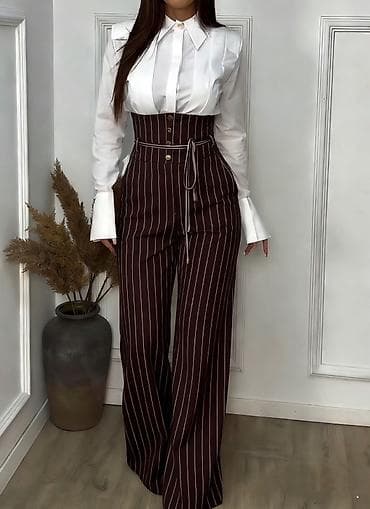 oficirski pojas: ✅✅Visokostručne ženske pantalone sa prugama – model sa korzet pojasom — 1