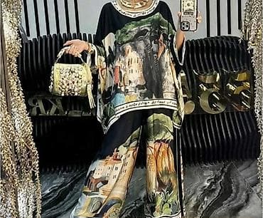 Komplet – kimono/bluza + široke pantalone sa umetničkim printom. -