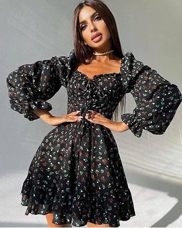 Ženska mini haljina sa puf rukavima - Model: kroj A-linije, mini