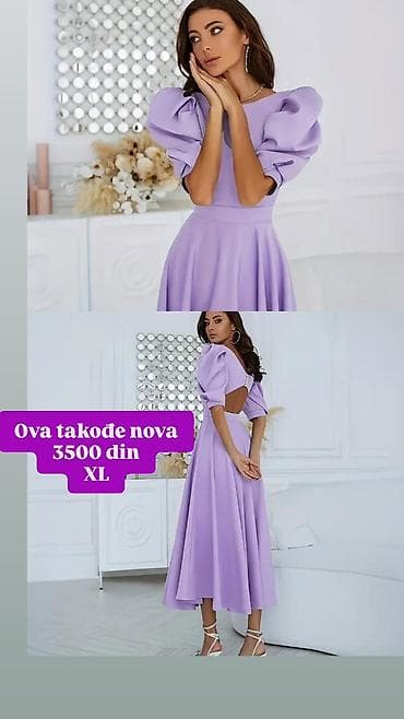 maximon haljine: Lila midi haljina sa puf rukavima - Boja: pastelno lila - Kroj: struk — 2