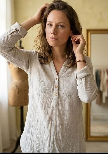 Shirts, blouses and tunics: Lanena ženska košulja-bluza, svetlobež nijanse - Materijal: lagan — 1