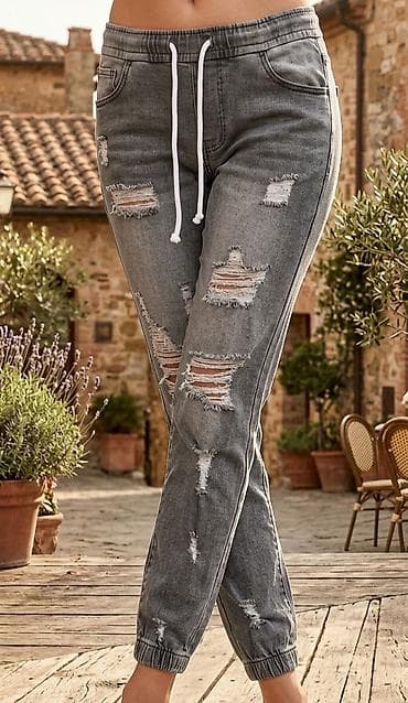 ljubičaste pantalone: Sive ženske pantalone džoger kroja sa efektnim “distressed”/pocepanim — 1