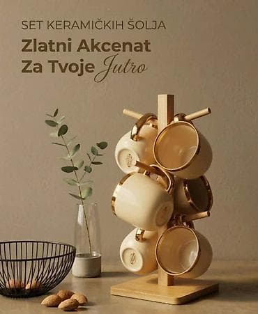 Kuhinjska oprema: Set keramičkih šolja sa zlatnim akcentima + drveni stalak - Elegantne — 1