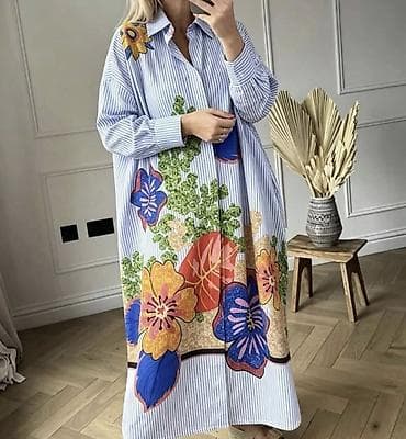 lanene haljine: Ženska košulja-haljina duga sa printom ma dugmice. - Model: širok — 3