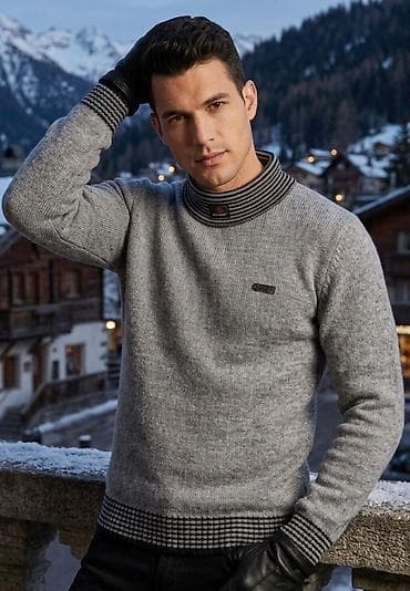 monterice jakne: Muški pleteni džemper – sivi melange - Klasičan, topli model sa — 1