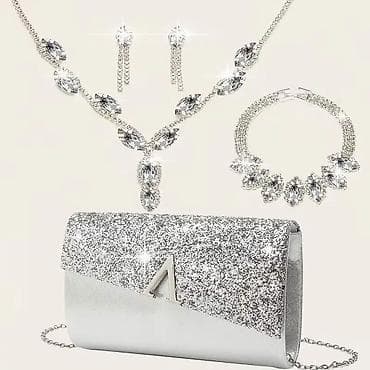 Keychains: Svečani set: srebrna šljokičasta torbica + komplet nakita od kristala — 1