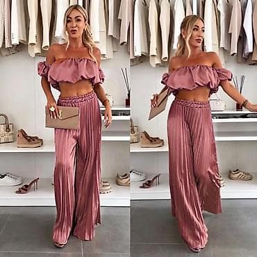 crop kosulja: Dvodelni ženski komplet – plisirane široke pantalone i crop top sa — 3