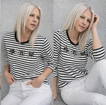 ogrlica perle: Prugasta ženska majica sa ukrasnim aplikacijama - Klasične crno‑bele — 2