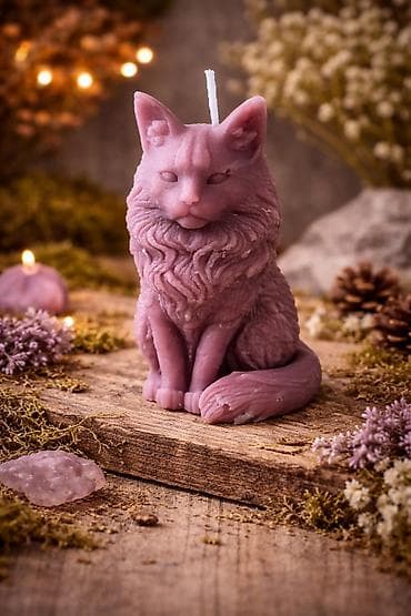 Alati i mašine: Ručno rađena sveća u obliku mačke 9.5x5.5cm - Unikatna dekorativna — 1