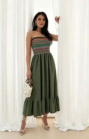 Letnja maxi haljina na tregere bez naramenica, sa elastičnim