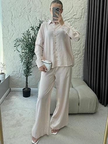 zenske lanene pantalone: Elegantan ženski komplet – košulja i široke pantalone Unesite dozu — 2