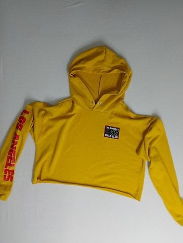 pull and bear dukserice: Žuta crop duks majica s kapuljačom, dugi rukavi. Natpis „LOS ANGELES” — 1