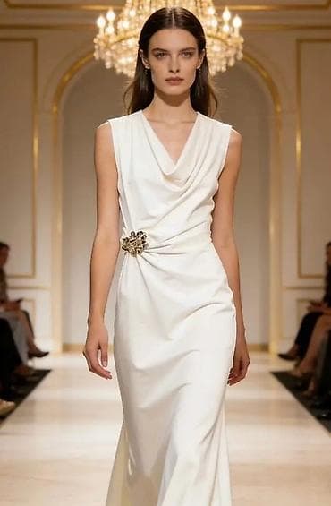 Dresses: Elegantna midi haljina sa drapiranim kaskadnim izrezom i ukrasnom — 7