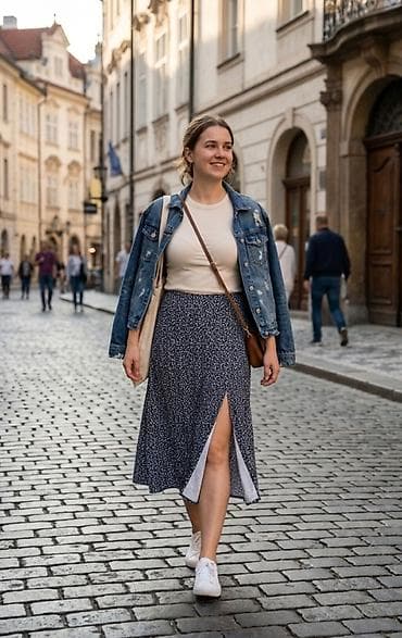 papuce sa cvetovima: Midi suknja sa dezenom sitnog cveta - Kroj: A-linija, midi dužina — 1