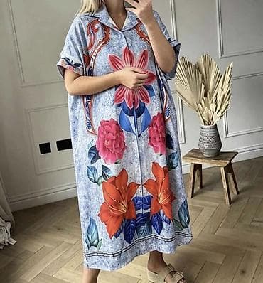 lanene haljine: Ženska košulja-haljina duga sa printom ma dugmice. - Model: širok — 5
