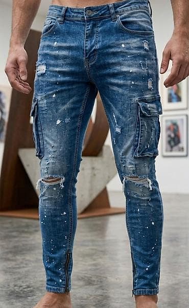 Muške skinny farmerke sa cargo džepovima - Materijal: elastični denim