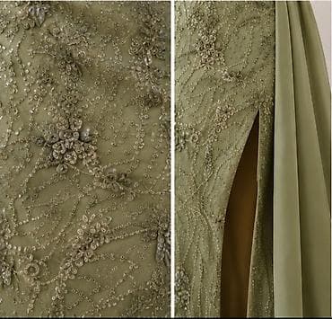 elegantne sandale na stiklu: Elegantna večernja haljina S/M– maslinasto zelena - Kroj: asimetrični — 3