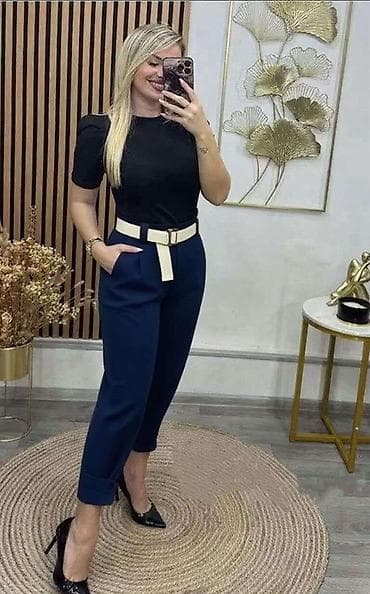 m10 pantalone: ✅Elegantne ženske pantalone sa kaišem - Model: visok struk, blago — 6