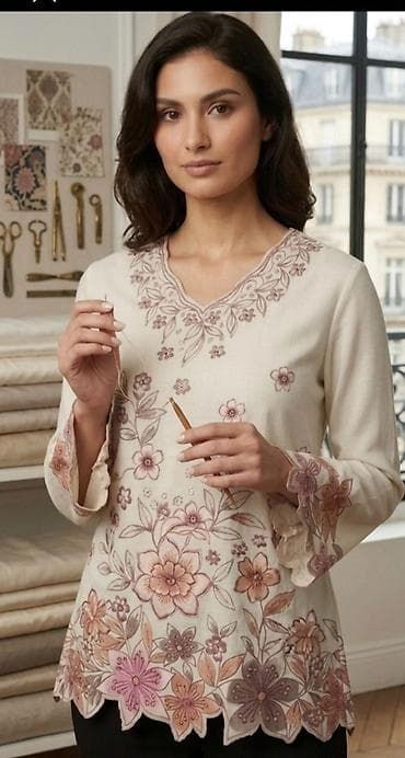 Ženska tunika sa ručno vezenim floralnim motivima - Materijal: mekana