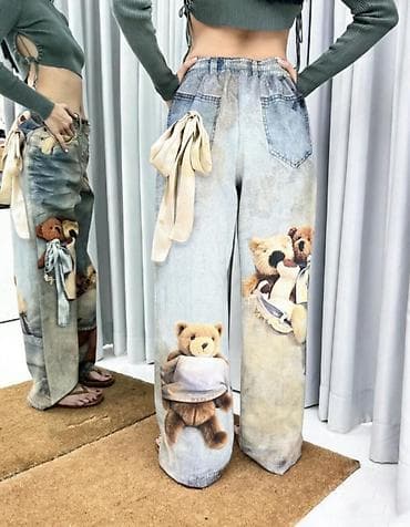 Pantalone: Pantalone siroke sa printom plišanih meda,ravne siroke nogavice,visok — 1