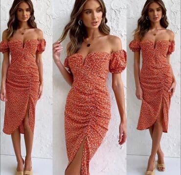 Women's Sweatshirts: Ženska haljina – midi dužina, rustično narandžasta sa sitnim belim — 1