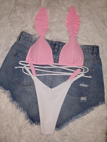 Lepota i nega: Ženski dvodelni kupaći kostim – roze/belo - Gornji deo: trouglasti — 1