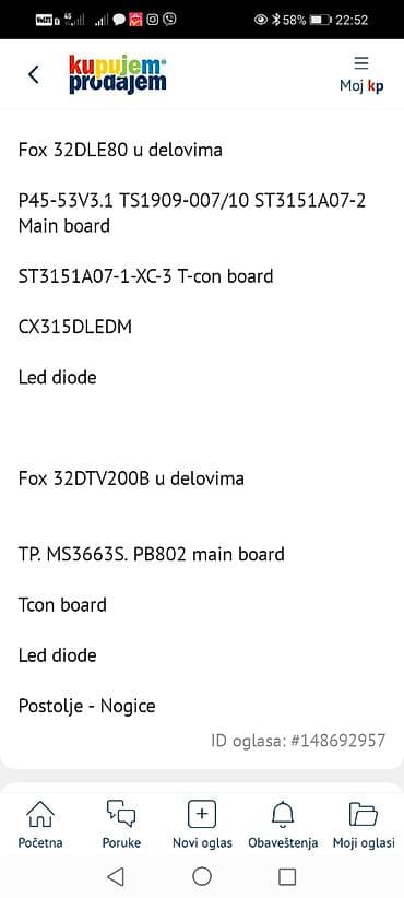 Fox 32DLE80 i Fox 32DTV200B – delovi za TV Dostupne komponente: -