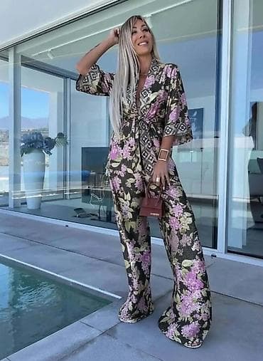 torba od perlica: Damski komplet – kimono + široke pantalone - Elegantni dvodelni — 2