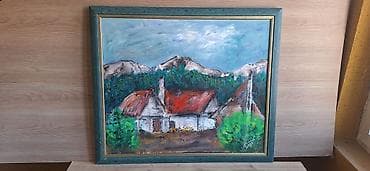 Ulje na platnu – planinski pejzaž sa seoskim kućama - Tehnika: ulje