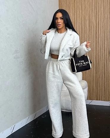 l: ✅Ženski trodelni komplet – kratki blejzer, crop top i široke trenerke — 5