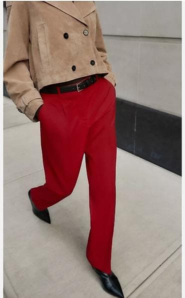 sorc i sako komplet: Crvene elegantne pantalone sa faltama - Kroj: ravan, blago širi — 1