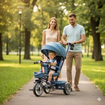 Dečiji tricikl 2-u-1 sa ručkom za roditelja i tendom - — 4
