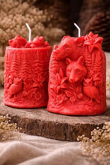 Ručne dekorativne sveće sa šumskim reljefom - Materijal: vosak