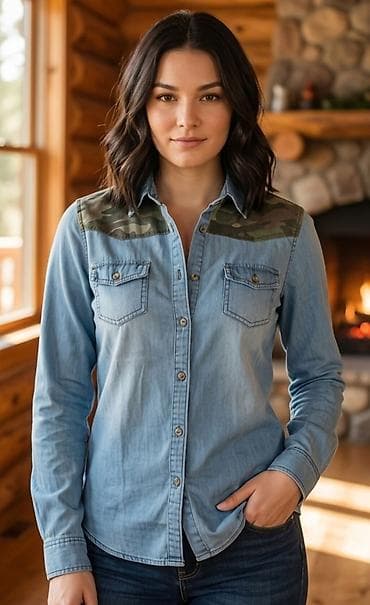 Ženska teksas košulja sa detaljima u maskirnom dezenu - Materijal