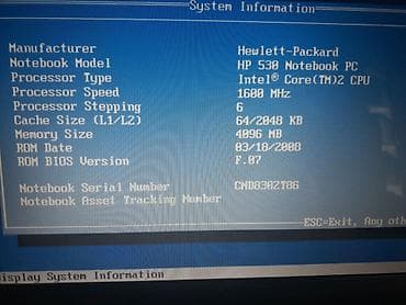 laptop dell: HP 530 Notebook PC Procesor	Intel Core 2 Duo T5200 na 1,6 GHz — 1