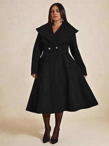 helanke za punije: Elegantni ženski crni kaput midi dužine - Kroj: struk naglašen, donji — 1