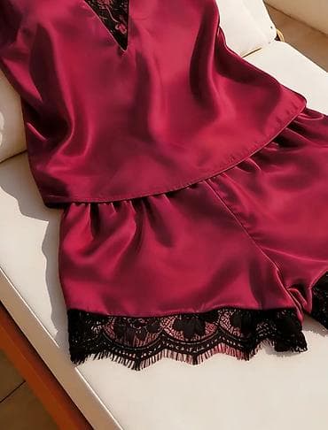 Muška obuća: Saten pidžama/komplet za spavanje – bordo - Dvodijelni komplet: top — 3