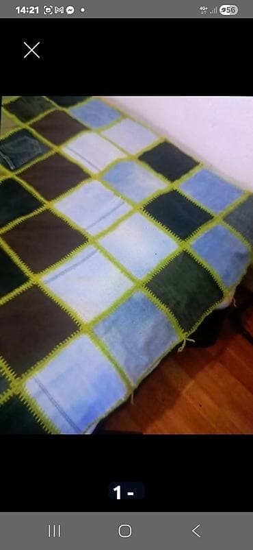 kreda za peglu: Ručno rađena patchwork prekrivač/ćebe od teksasa - Materijal — 2