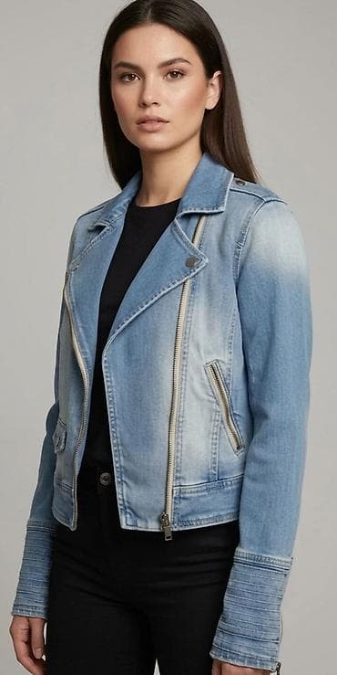 stepane jakne: Ženska teksas jakna – biker kroj - Materijal: svetloprani denim sa — 1